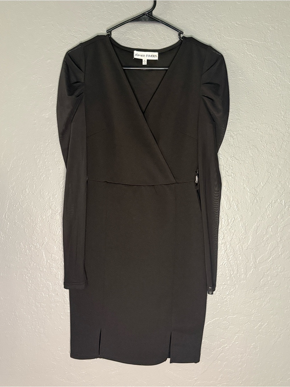 Almost Famous Black Long-Sleeve Faux-Wrap Sheath Dress with Front Slits
